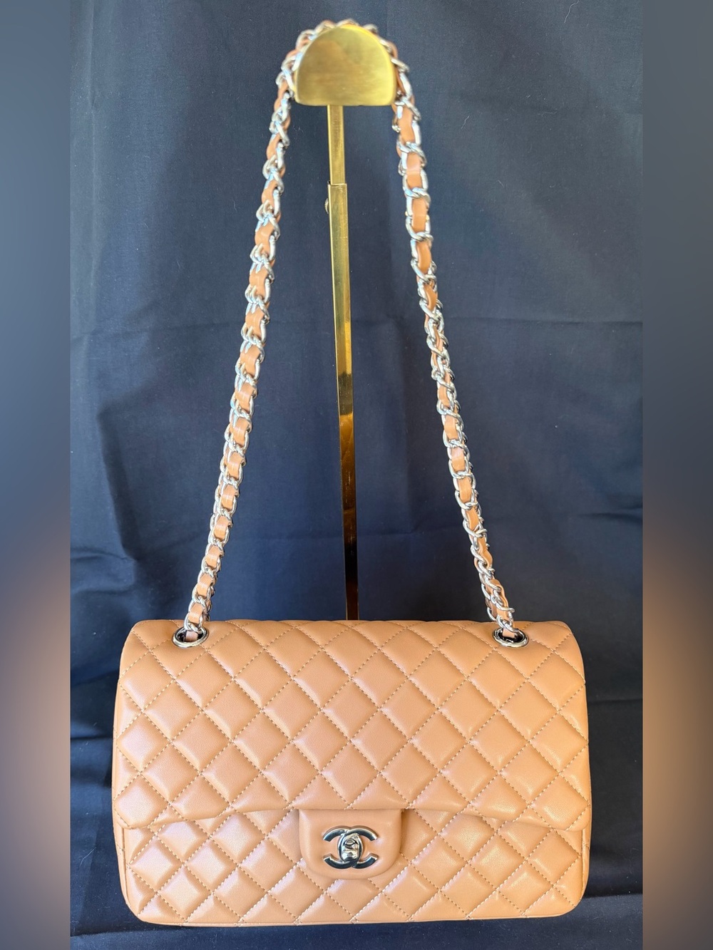 Designer inspired Quilted Tan Shoulder Bag with Chain Strap